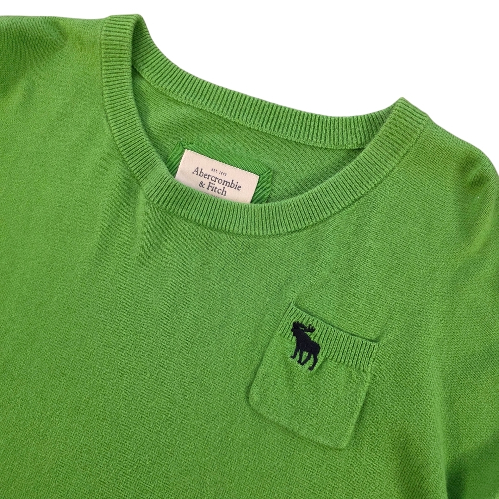 Abercrombie & Fitch Green Crewneck Crop Sweater Pocket Logo 3/4 Sleeves Size M - Picture 2 of 6